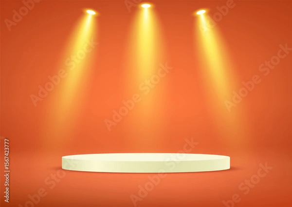 Fototapeta Orange background vector 3d with beige podium space for selling products, backdrop, wallpaper, background, text. Empty room with light effect. Vector illustration.