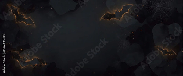 Fototapeta Halloween background with dark cave, bats, spiderwebs, and spooky ambiance. Suitable for Halloween party invitations, social media posts, or website banners.