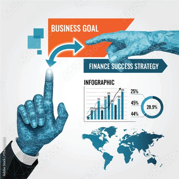 Obraz Business goal, marketing growth achievement and finance success strategy concept background with digital businessman poly wireframe hand, finger touch, arrow diagram, infographic chart and world map 