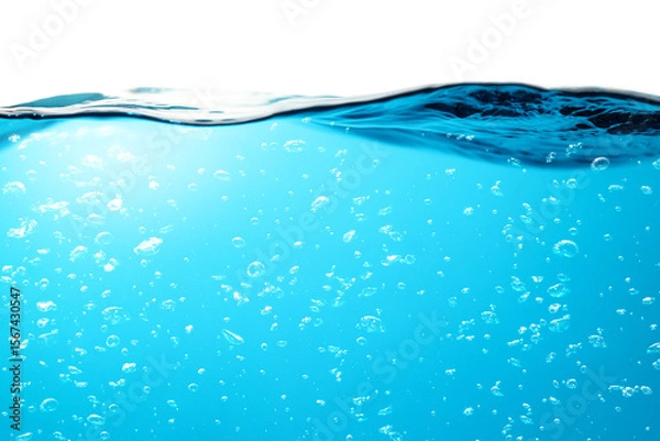 Fototapeta Air Bubbles Float Up in Water. Water Splashing, Pure Drinking Water, Oxygen Relaxation. Blue Water Textured on White Background.	