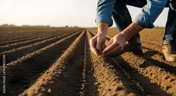Fototapeta Close-up of a farmer's hands carefully planting a small seedling into fertile soil