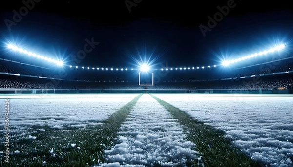 Obraz A snowcovered football field at night, brightly lit by stadium lights