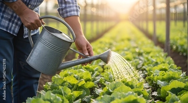 Fototapeta A person using a watering can to gently water new seedlings in a vegetable garden