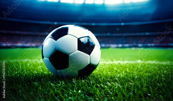Obraz A black and white soccer ball sits on a green grass field in a stadium