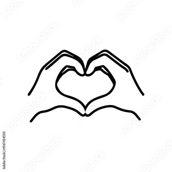 Fototapeta A black and white linear vector of two hands forming a heart shape with fingers. 
