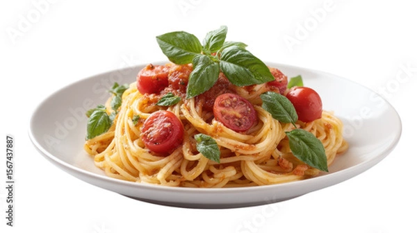Obraz Delicious spaghetti with tomato sauce and fresh basil leaves isolated on transparent background