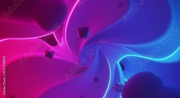 Obraz Abstract vortex of smooth purple and blue surfaces with glowing neon lines and geometric shapes