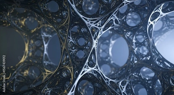 Obraz Complex abstract metallic structure with interconnected circular openings and light reflections