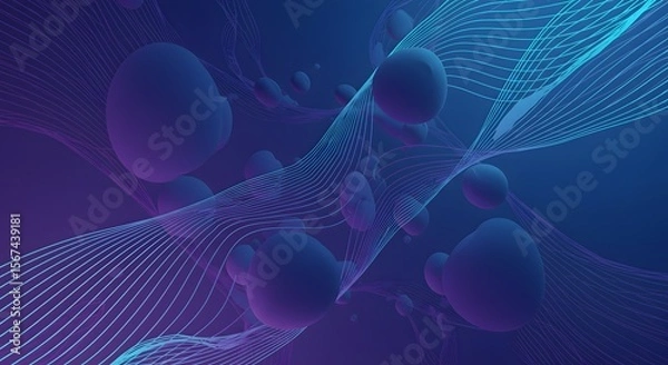 Obraz Dark blue background with floating orbs and wavy lines