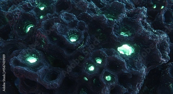 Obraz Dark textured surface with glowing green holes and intricate details