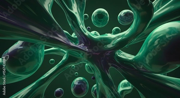 Obraz Fluid organic green shapes with purple highlights and suspended spheres