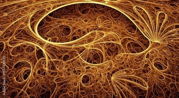 Obraz Fractal patterns of glowing golden lines on a dark background