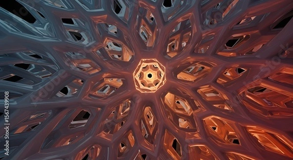 Obraz Futuristic geometric lattice with glowing center against black