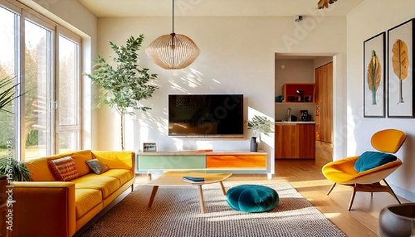 Obraz A bright and stylish living room with yellow sofa and teal accents