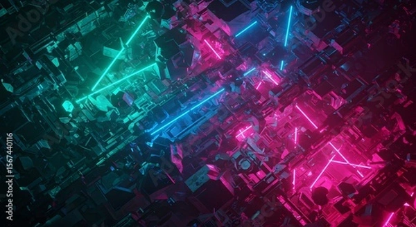 Obraz Geometric digital landscape with neon blue and pink light lines