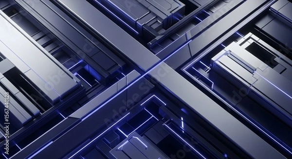 Obraz Geometric metallic structures with glowing blue lines