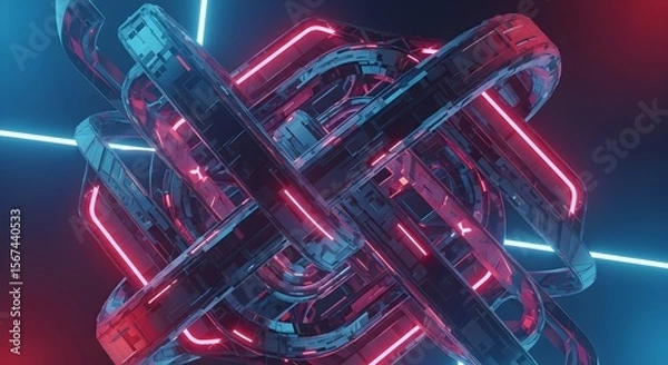 Obraz Intertwined metallic tubes with pink and blue neon lights