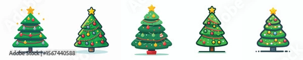 Fototapeta Flat Vector Christmas Trees with Colorful Lights, Garlands, and Star Topper – Holiday Icon Set