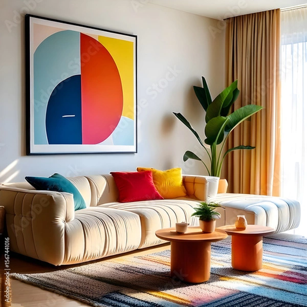 Obraz A vibrant living room with a colorful patterned sofa