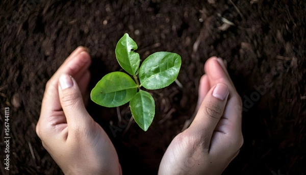 Obraz Closeup of hands protecting a small green seedling in rich soil