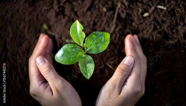 Obraz Closeup of hands protecting a small green seedling in rich soil
