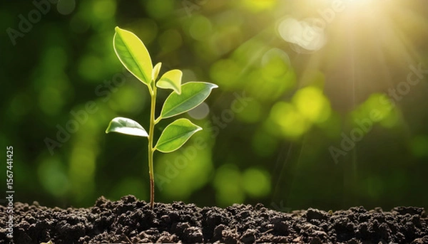 Obraz A vibrant green sprout emerges from rich soil, bathed in sunlight