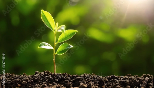 Obraz A vibrant green sprout emerges from rich soil, bathed in sunlight