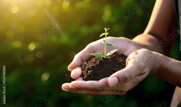 Obraz A delicate seedling emerges from dark soil, cradled in caring hands