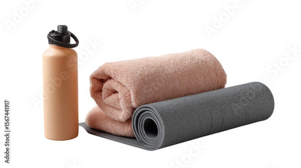 Obraz Fitness equipment including a water bottle towel and yoga mat isolated on transparent background