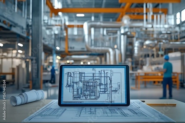 Fototapeta MEP installation on active site — ventilation, wiring, plumbing with tablet and schematics