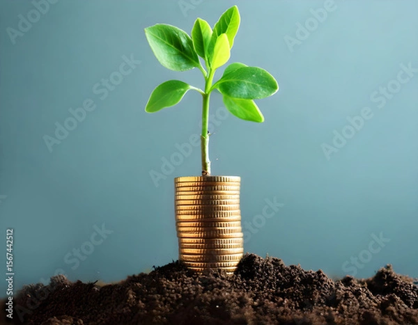Obraz A thriving plant grows from a stack of gold coins in the soil