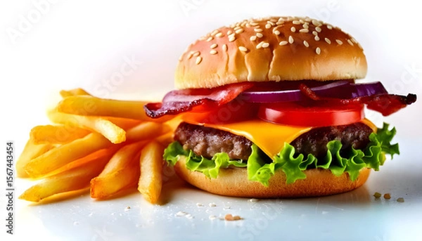 Obraz A cheeseburger with bacon and fries isolated on white background