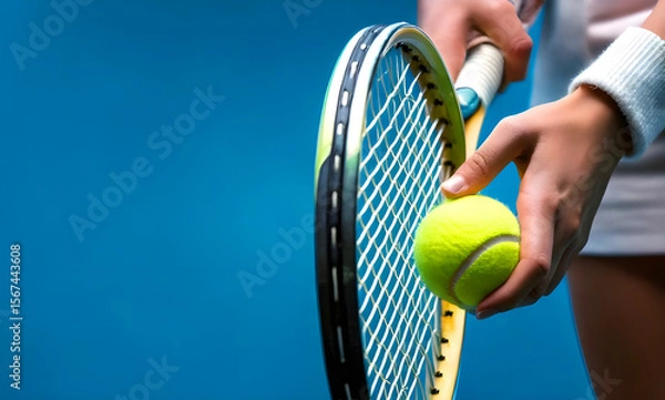 Obraz A tennis player holds a ball and racquet