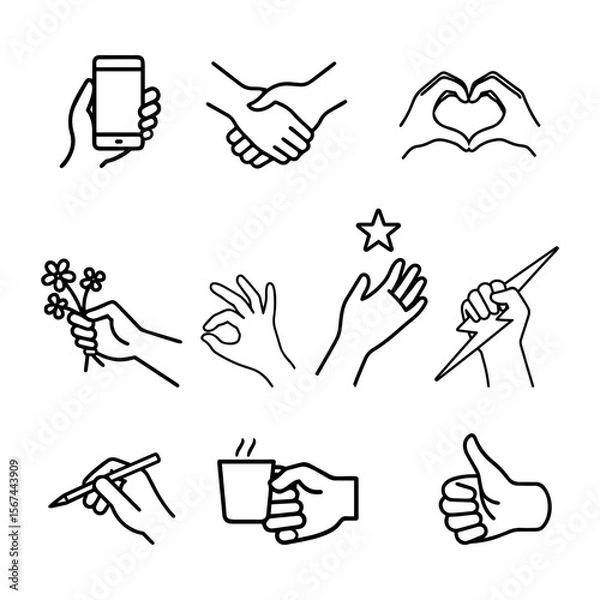 Fototapeta A stylish black and white linear vector set featuring various hand gestures and interactions with objects