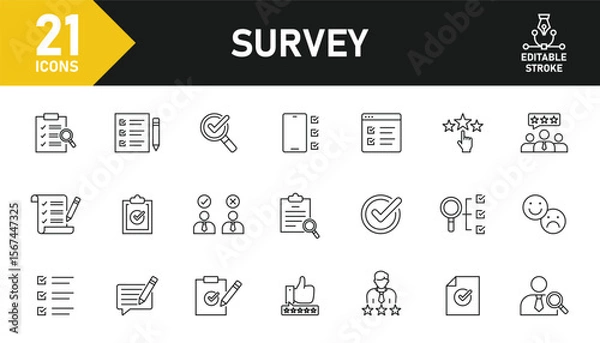 Fototapeta Survey line icon set. Set of 21 outline icons related to survey, rating, opinion, satisfaction, vote, task, review, research, evaluation, poll and others. Editable stroke. Vector illustration.