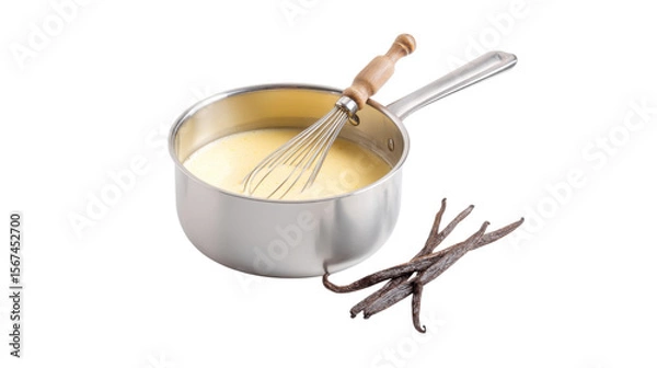 Obraz Vanilla Custard in Saucepan with Whisk on Transparent Background