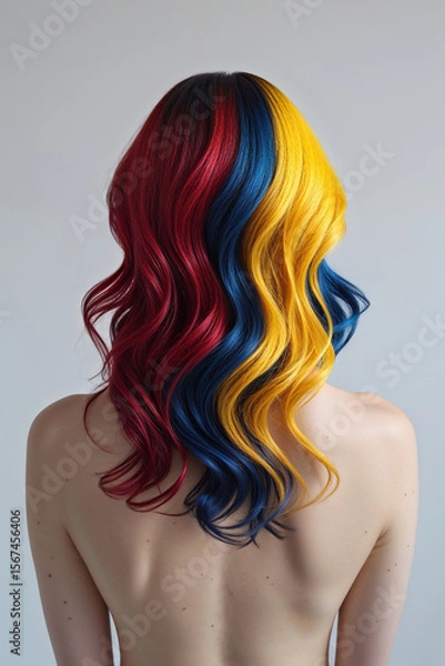 Obraz Back View of Woman with Multicolored Hair in Red Yellow Blue Isolated on Clean White Background