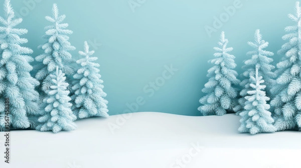 Fototapeta Serene landscape of glowing snow covered trees with soft blue background creating peaceful winter scene
