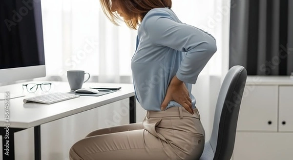 Obraz Woman Experiencing Lower Back Pain While Working at Her Desk