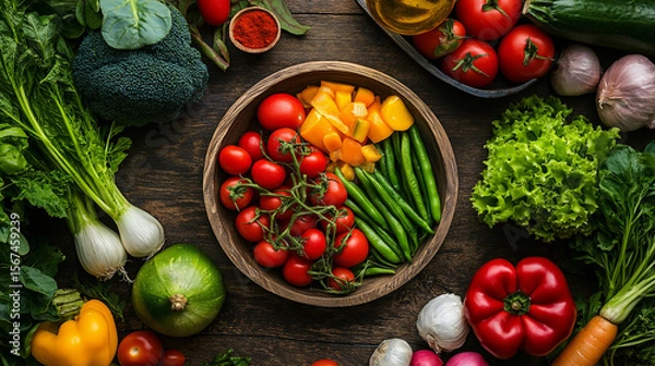 Fototapeta Top-down view of a vibrant plant-based meal with fresh organic vegetables, artfully arranged on a rustic wooden table. Perfect for healthy eating, vegan lifestyle. Generative AI.