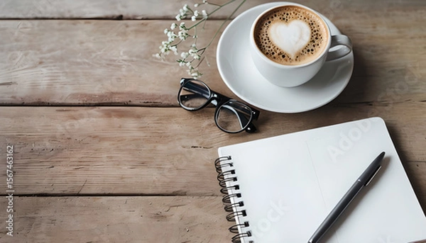 Obraz Cozy Workspace Overhead View of Rustic Wooden Desk with Coffee, Notebook, and Flowers