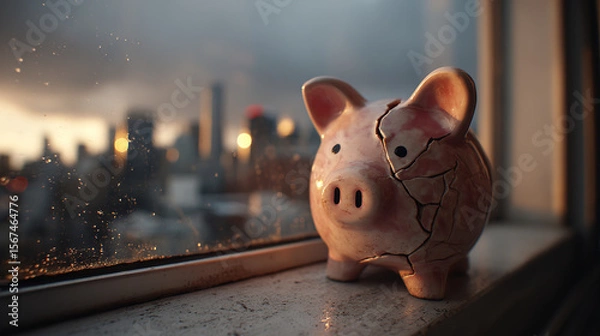 Fototapeta A broken piggy bank with a cityscape backdrop, representing financial difficulties.