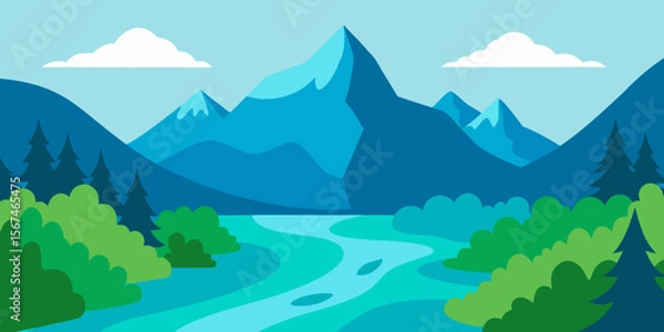 Fototapeta Mountain lake landscape with morning mist, clouds, and a blue sky