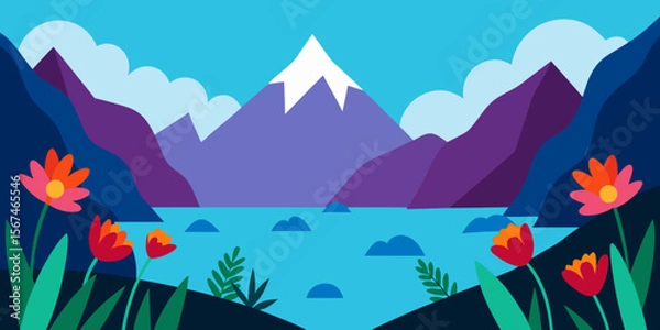 Fototapeta Spring landscape with flowers and mountains overlooking the tranquil sea under a summer sky