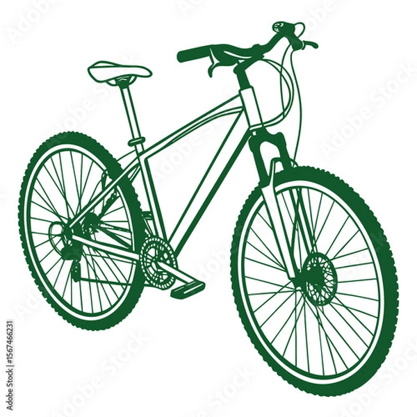 Fototapeta Green line art illustration of a modern mountain bicycle with knobby tires and suspension fork on a white background