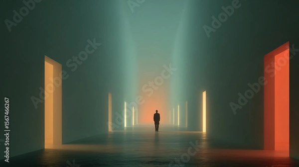 Fototapeta A solitary figure walks through a surreal, glowing corridor towards an unknown destination.