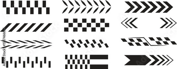 Obraz Set of black racing stripes and chevron arrow designs in various styles. Ideal for vehicle decals, sports graphics, motion elements, UI indicators, and speed-themed vector illustrations.
