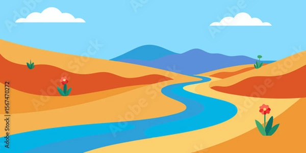 Fototapeta A vector illustration of a tropical beach landscape with sand, sea, sun, and palm trees under a summer sky