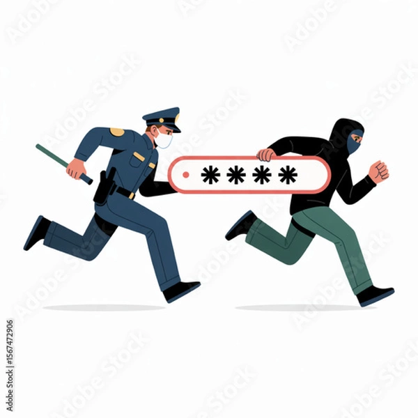 Obraz Security pursuit showing a thief running away with a password being chased by a policeman, illustrating data protection and cybersecurity.