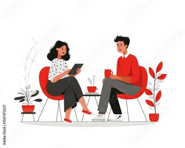 Fototapeta Two friends enjoying a casual conversation over coffee in a cozy, modern indoor setting